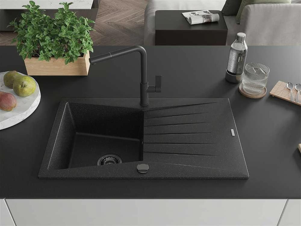 Granitinė virtuvinė plautuvė Mexen Cesar su maišytuvu ir sifonu, Metallic juodas/sidabrinis+Juodas