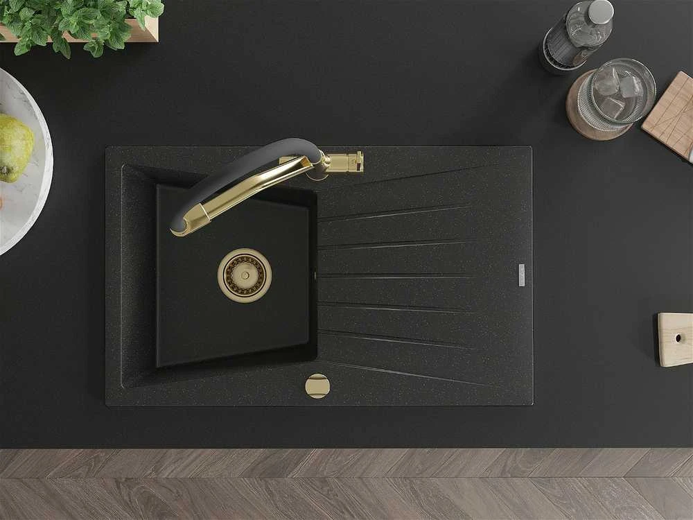 Granitinė virtuvinė plautuvė Mexen Cesar su maišytuvu ir sifonu, Metallic juodas/sidabrinis+Juodas/Gold