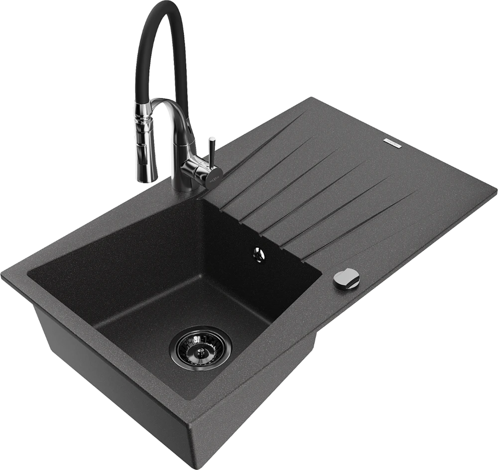 Granitinė virtuvinė plautuvė Mexen Cesar su maišytuvu ir sifonu, Juodas granite+Juodas/Chrome