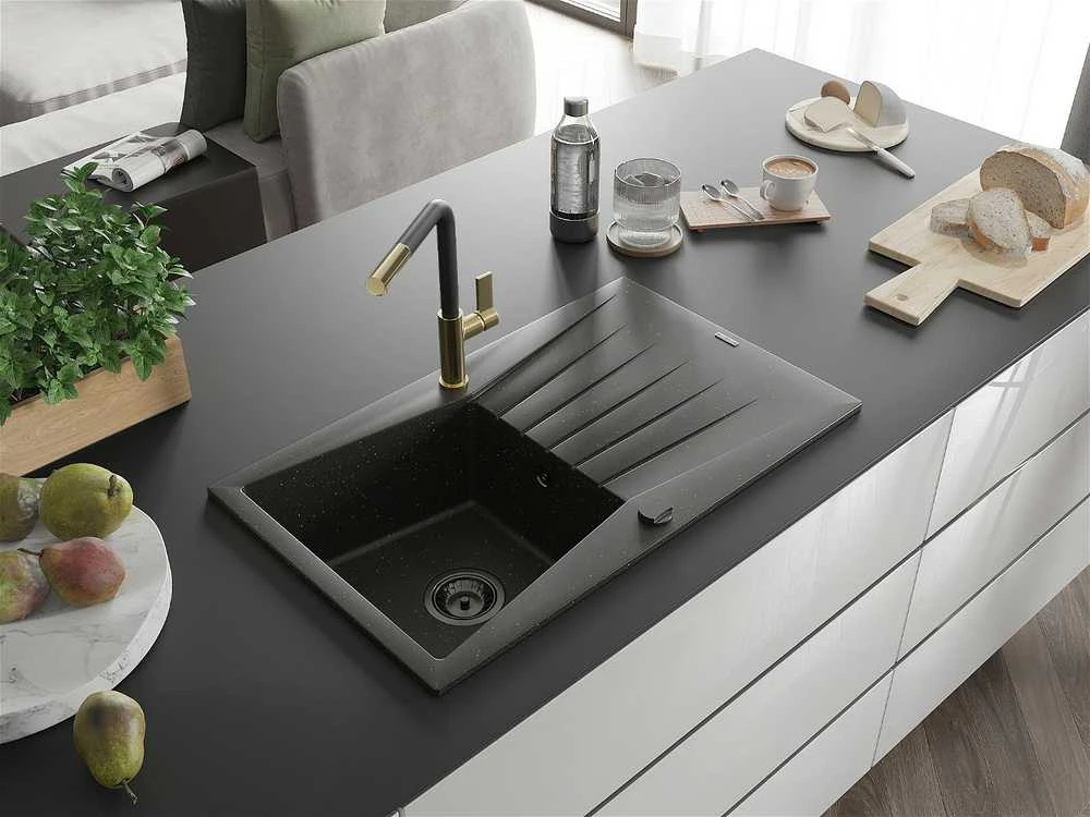 Granitinė virtuvinė plautuvė Mexen Cesar su maišytuvu ir sifonu, Metallic juodas/auksinis+Juodas/Gold