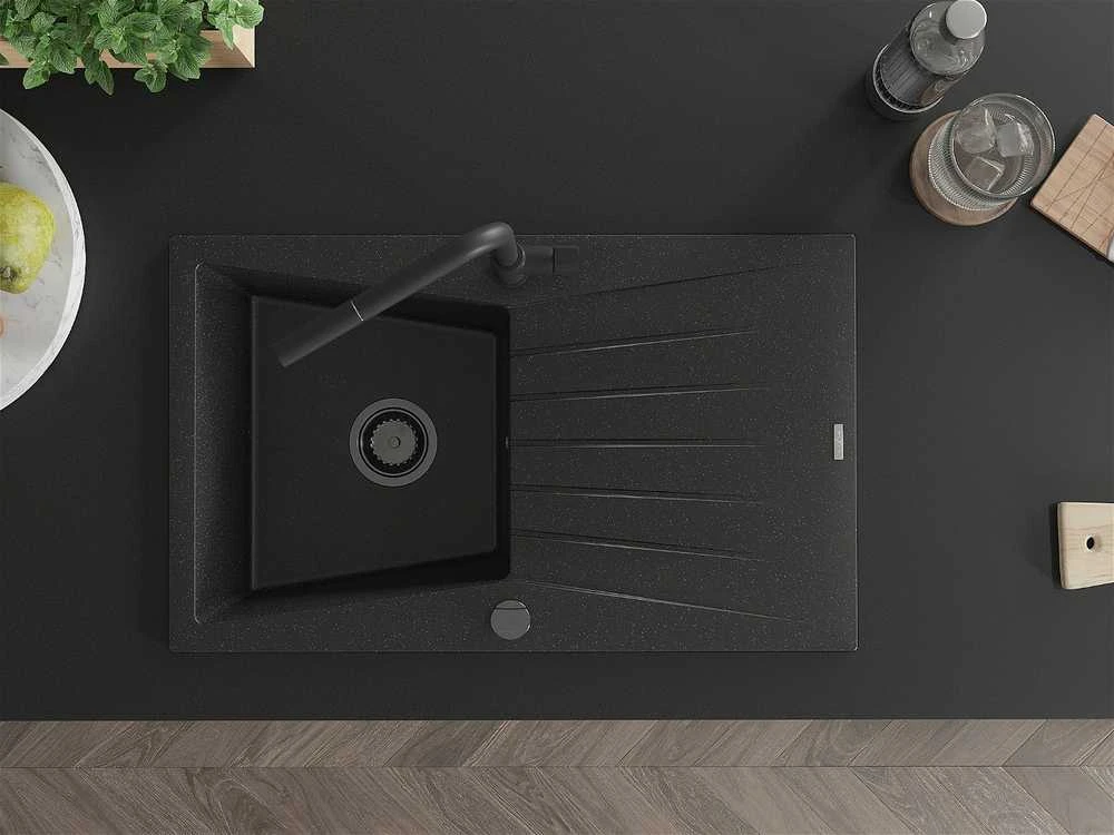 Granitinė virtuvinė plautuvė Mexen Cesar su maišytuvu ir sifonu, Metallic juodas/sidabrinis+Juodas