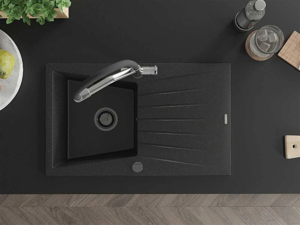 Granitinė virtuvinė plautuvė Mexen Cesar su maišytuvu ir sifonu, Metallic juodas/sidabrinis+Juodas/Chrome