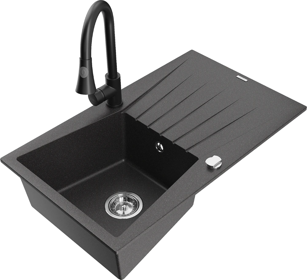 Granitinė virtuvinė plautuvė Mexen Cesar su maišytuvu ir sifonu, Juodas granite+Juodas