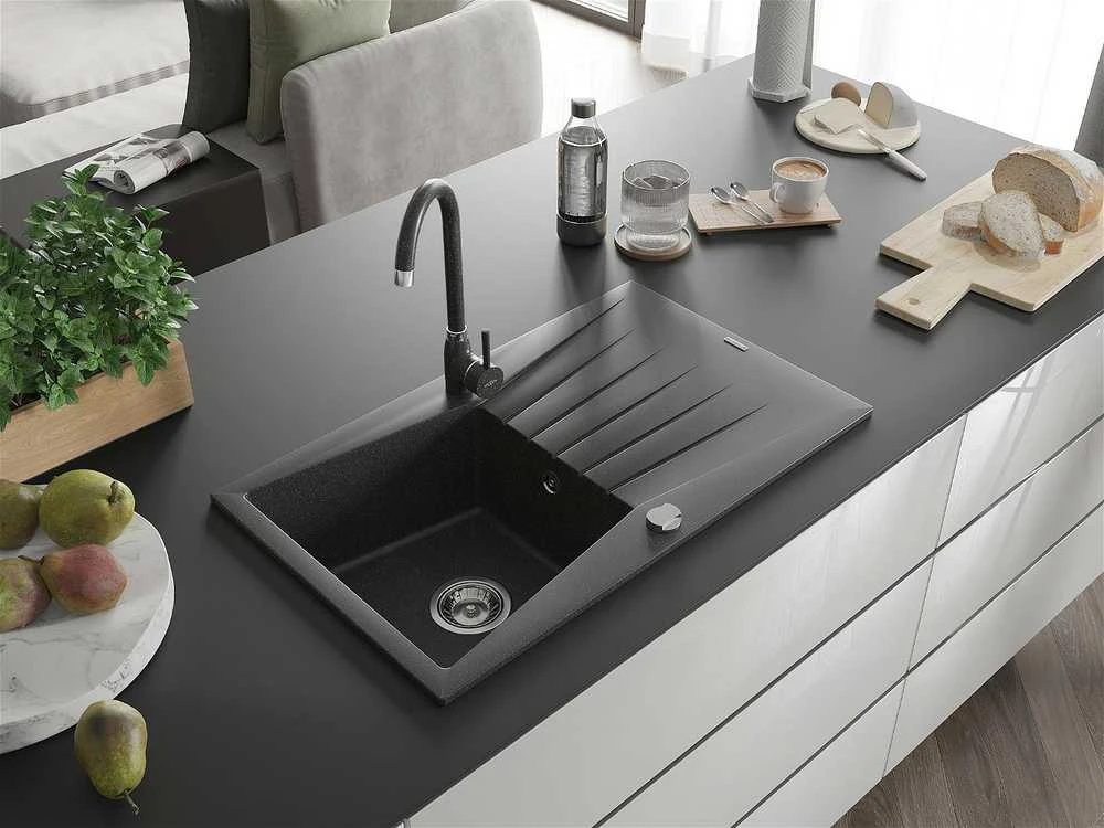 Granitinė virtuvinė plautuvė Mexen Cesar su maišytuvu ir sifonu, Juodas granite