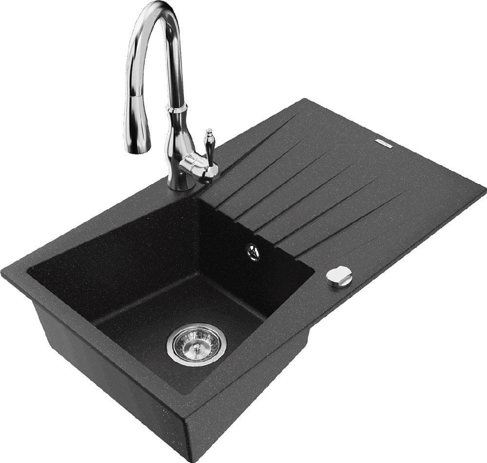 Granitinė virtuvinė plautuvė Mexen Cesar su maišytuvu ir sifonu, Metallic juodas/sidabrinis+Chrome