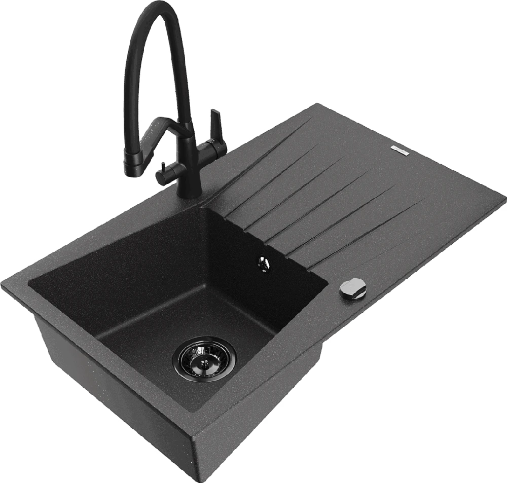 Granitinė virtuvinė plautuvė Mexen Cesar su maišytuvu ir sifonu, Juodas granite+Juodas