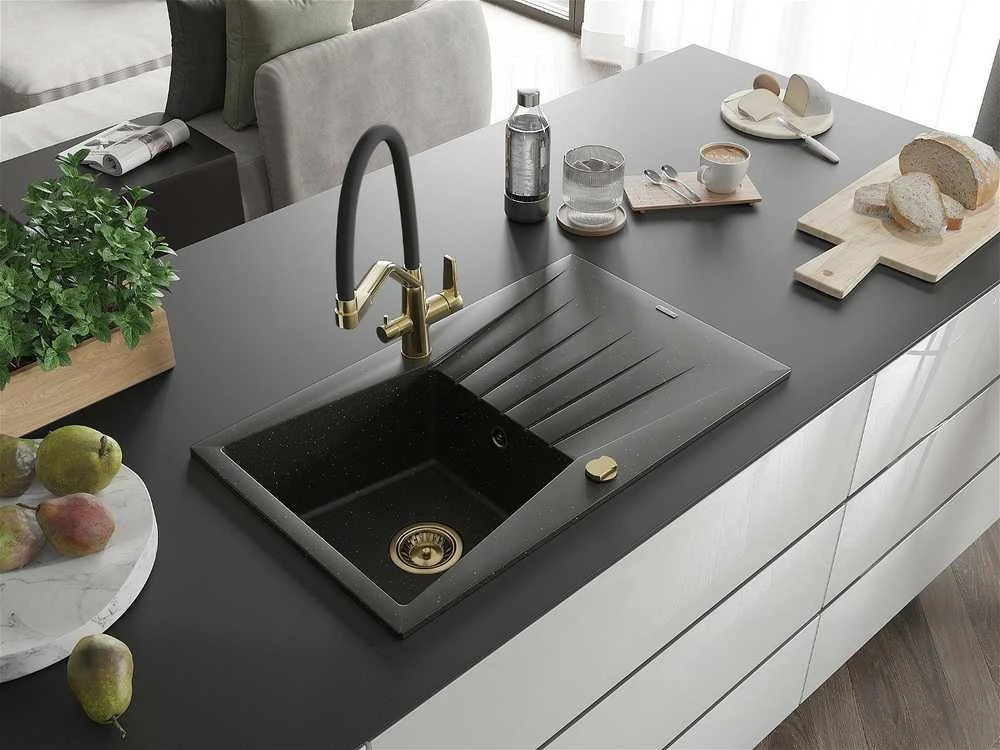 Granitinė virtuvinė plautuvė Mexen Cesar su maišytuvu ir sifonu, Metallic juodas/auksinis+Juodas/Gold
