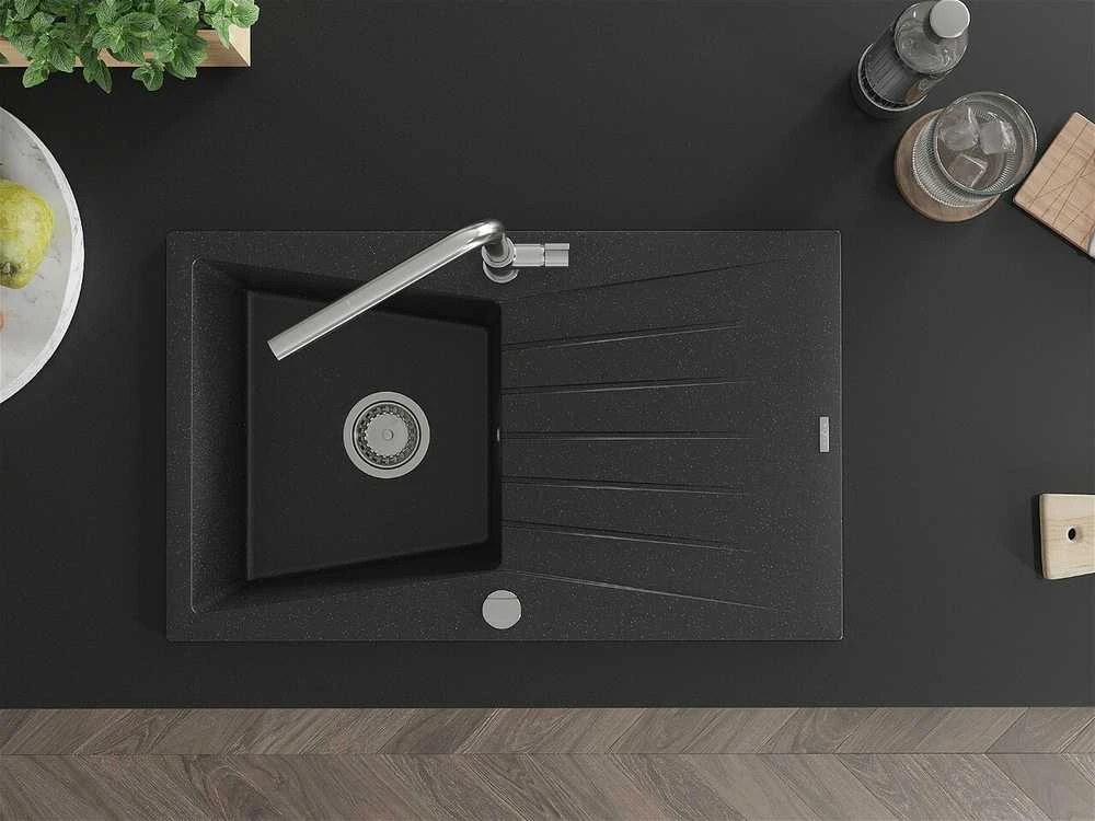 Granitinė virtuvinė plautuvė Mexen Cesar su maišytuvu ir sifonu, Metallic juodas/sidabrinis+Chrome