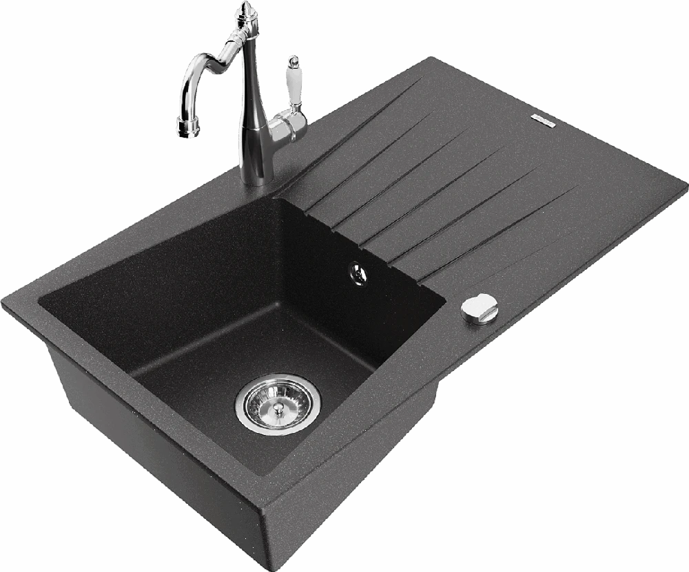 Granitinė virtuvinė plautuvė Mexen Cesar su maišytuvu ir sifonu, Juodas granite+Chrome