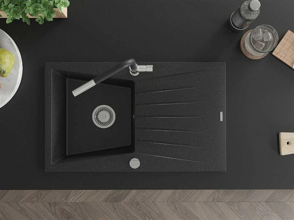 Granitinė virtuvinė plautuvė Mexen Cesar su maišytuvu ir sifonu, Metallic juodas/sidabrinis+Juodas/Chrome