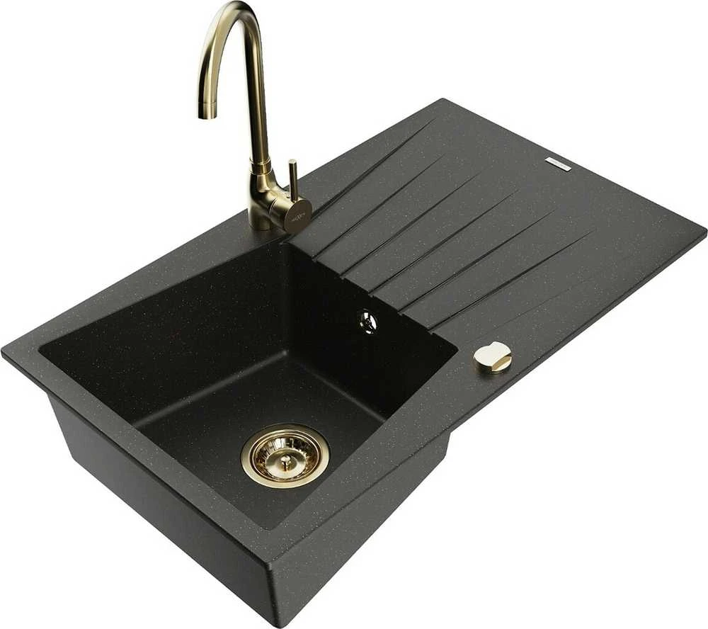 Granitinė virtuvinė plautuvė Mexen Cesar su maišytuvu ir sifonu, Metallic juodas/auksinis+Gold