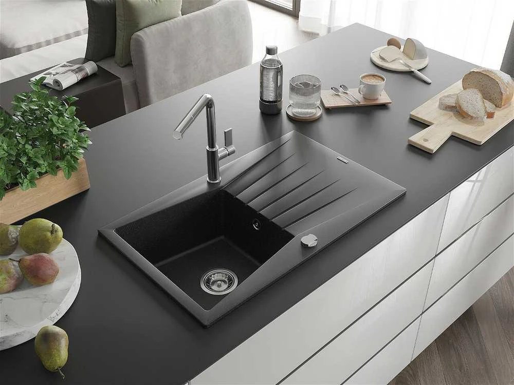 Granitinė virtuvinė plautuvė Mexen Cesar su maišytuvu ir sifonu, Metallic juodas/sidabrinis+Chrome