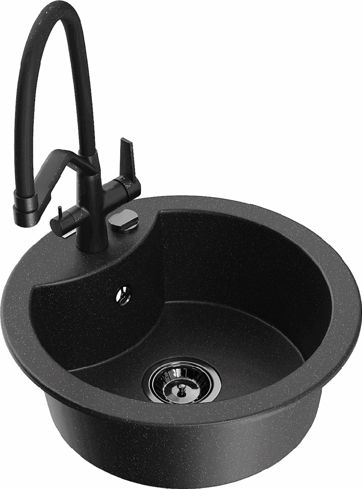 Granitinė virtuvinė plautuvė Mexen Diego su maišytuvu ir sifonu, Metallic juodas/sidabrinis+Juodas