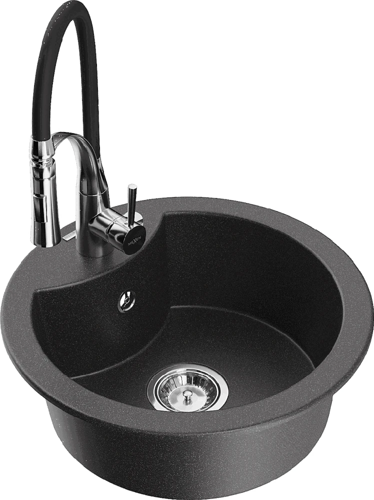 Granitinė virtuvinė plautuvė Mexen Diego su maišytuvu ir sifonu, Juodas granite+Juodas/Chrome