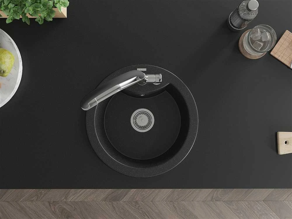 Granitinė virtuvinė plautuvė Mexen Diego su maišytuvu ir sifonu, Metallic juodas/sidabrinis+Juodas/Chrome