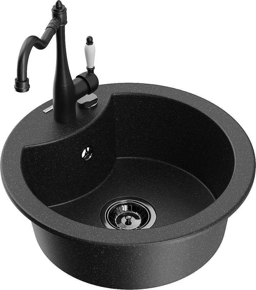 Granitinė virtuvinė plautuvė Mexen Diego su maišytuvu ir sifonu, Metallic juodas/sidabrinis+Juodas
