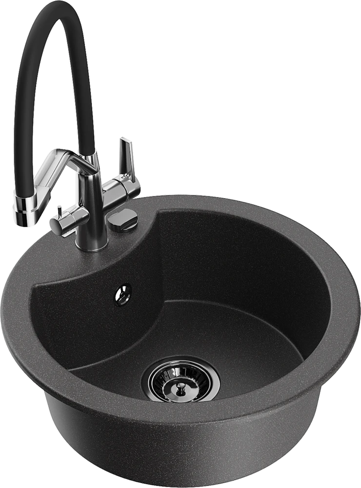 Granitinė virtuvinė plautuvė Mexen Diego su maišytuvu ir sifonu, Juodas granite+Juodas/Chrome
