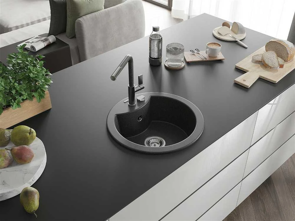 Granitinė virtuvinė plautuvė Mexen Diego su maišytuvu ir sifonu, Juodas granite+Juodas granite/Chrome