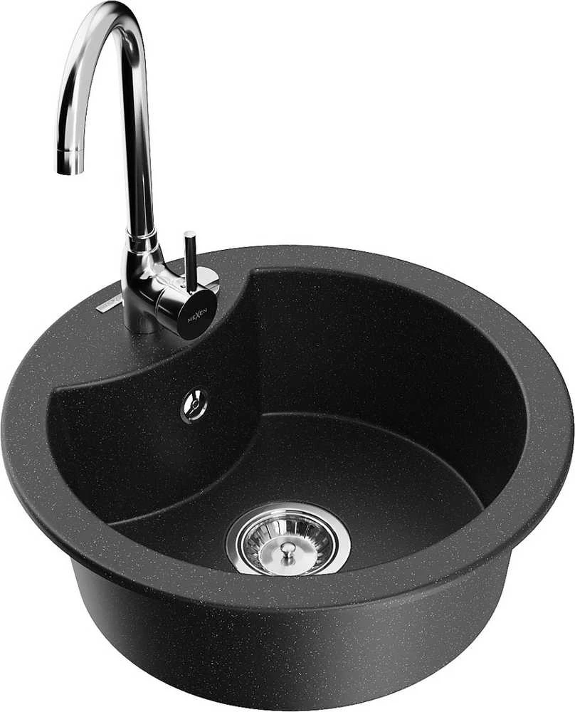 Granitinė virtuvinė plautuvė Mexen Diego su maišytuvu ir sifonu, Metallic juodas/sidabrinis+Chrome