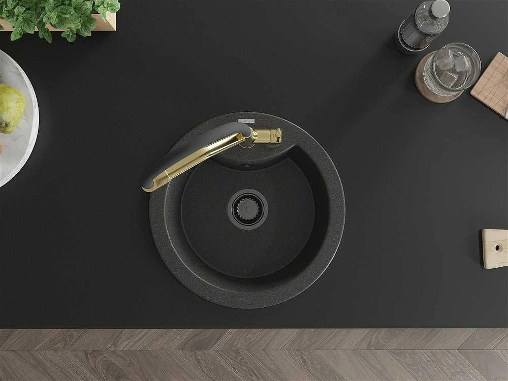 Granitinė virtuvinė plautuvė Mexen Diego su maišytuvu ir sifonu, Juodas granite+Juodas/Gold