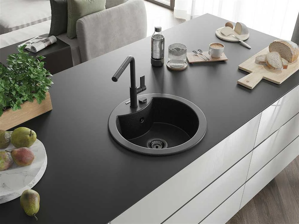 Granitinė virtuvinė plautuvė Mexen Diego su maišytuvu ir sifonu, Metallic juodas/sidabrinis+Juodas