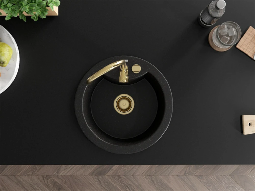 Granitinė virtuvinė plautuvė Mexen Diego su maišytuvu ir sifonu, Metallic juodas/sidabrinis+Gold