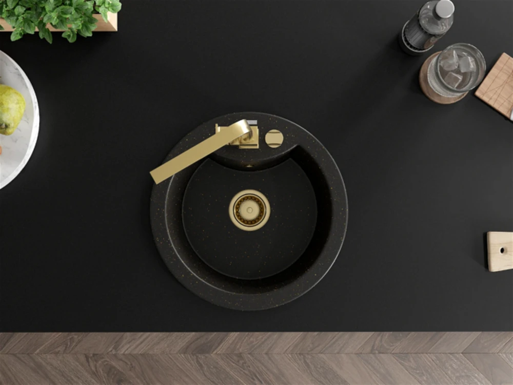Granitinė virtuvinė plautuvė Mexen Diego su maišytuvu ir sifonu, Metallic juodas/auksinis+Gold