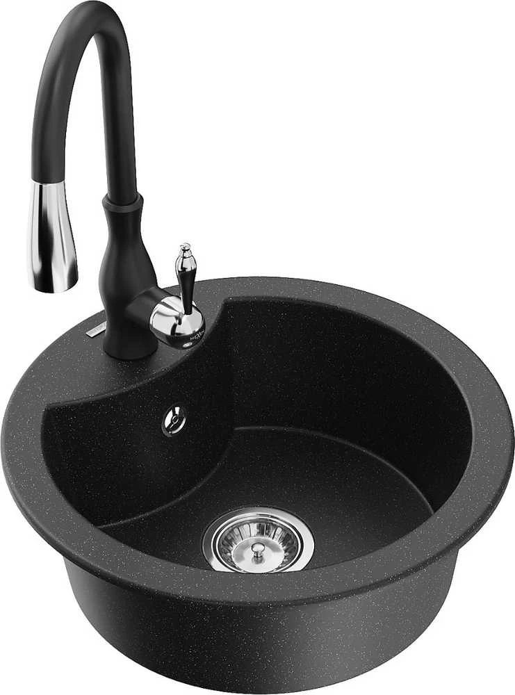 Granitinė virtuvinė plautuvė Mexen Diego su maišytuvu ir sifonu, Metallic juodas/sidabrinis+Juodas