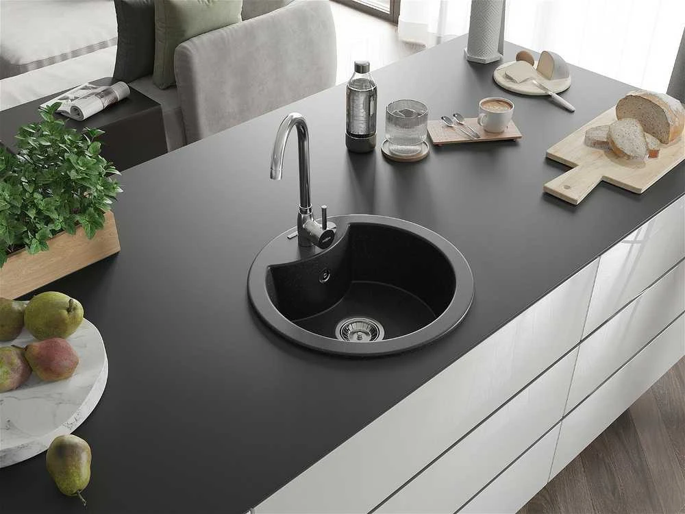 Granitinė virtuvinė plautuvė Mexen Diego su sifonu, Metallic juodas/sidabrinis+Chrome, 488 x 480 mm