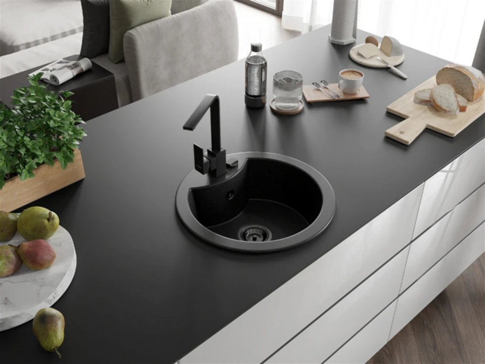 Granitinė virtuvinė plautuvė Mexen Diego su maišytuvu ir sifonu, Metallic juodas/sidabrinis+Juodas(B)