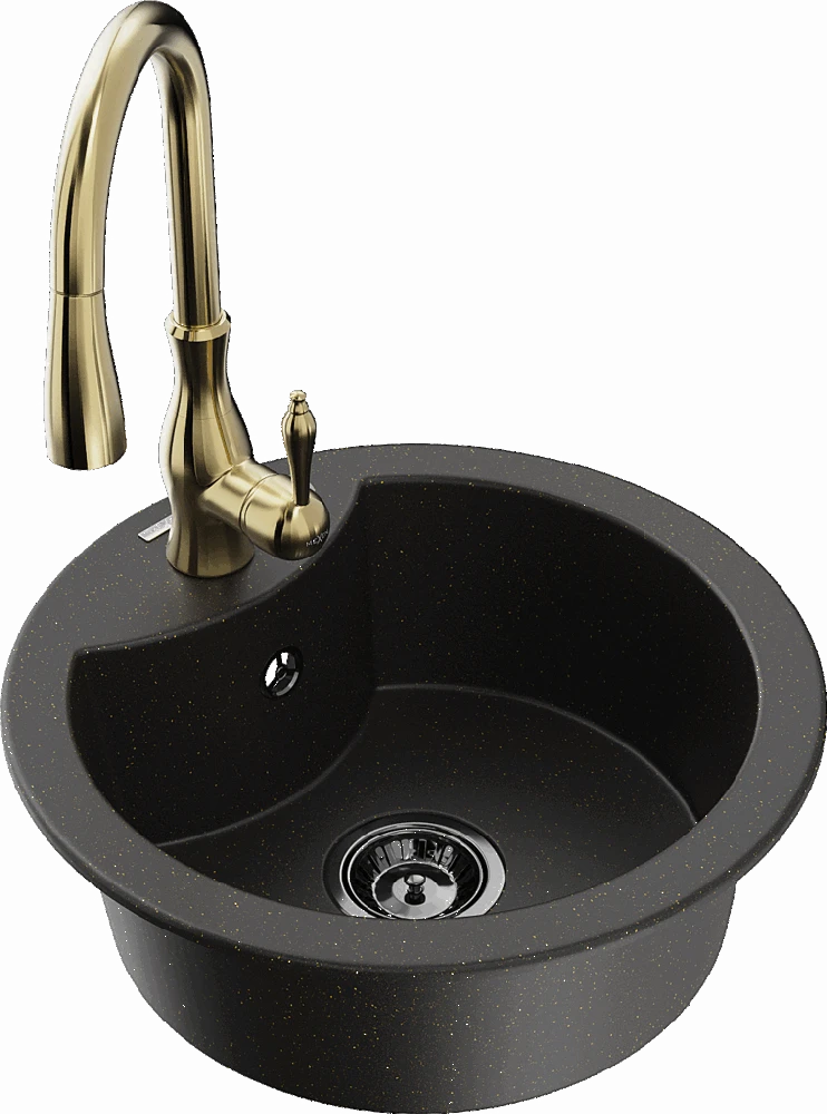 Granitinė virtuvinė plautuvė Mexen Diego su maišytuvu ir sifonu, Metallic juodas/auksinis+Gold