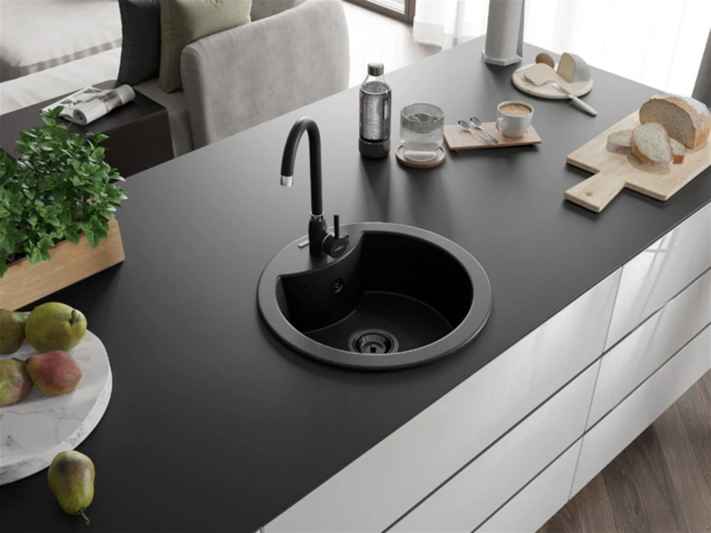 Granitinė virtuvinė plautuvė Mexen Diego su maišytuvu ir sifonu, Metallic juodas/sidabrinis+Juodas(B)