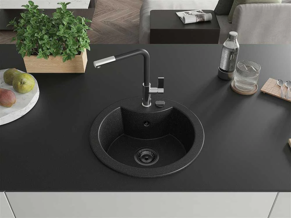 Granitinė virtuvinė plautuvė Mexen Diego su maišytuvu ir sifonu, Metallic juodas/sidabrinis+Juodas/Chrome