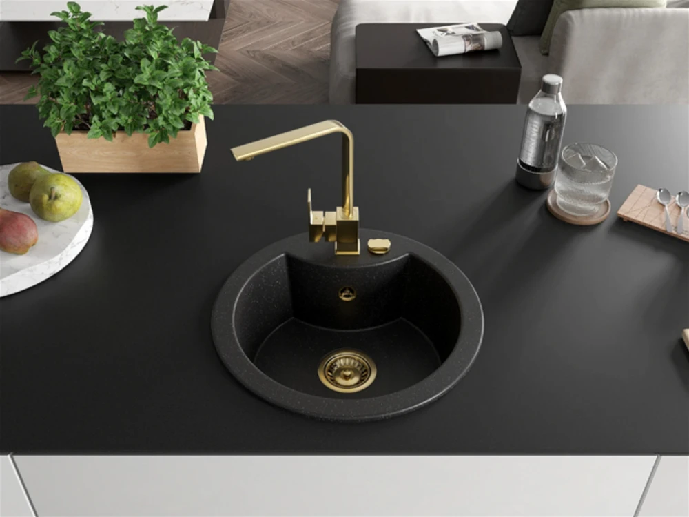 Granitinė virtuvinė plautuvė Mexen Diego su maišytuvu ir sifonu, Metallic juodas/sidabrinis+Gold