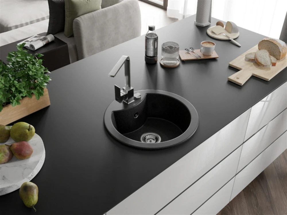 Granitinė virtuvinė plautuvė Mexen Diego su maišytuvu ir sifonu, Juodas granite+Chrome