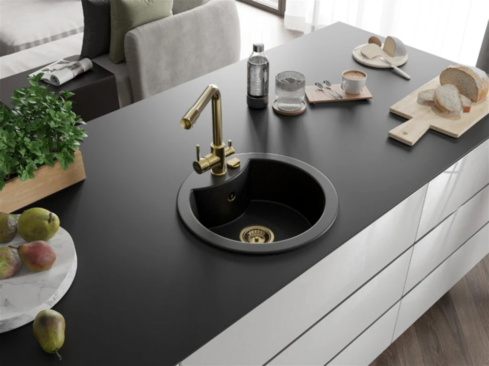 Granitinė virtuvinė plautuvė Mexen Diego su maišytuvu ir sifonu, Metallic juodas/sidabrinis+Gold