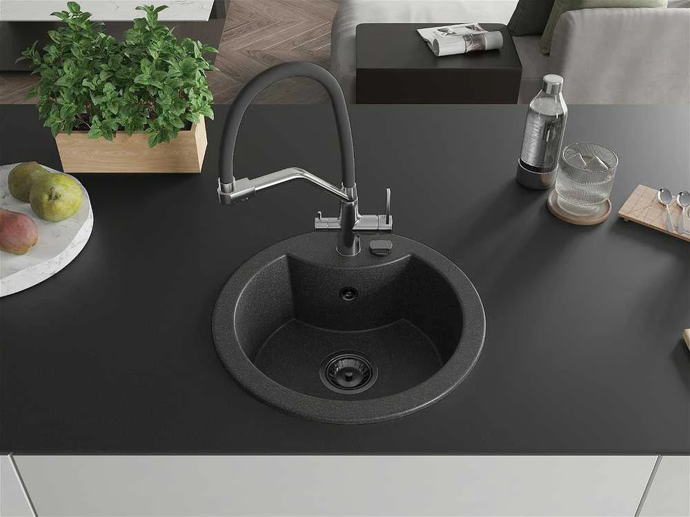 Granitinė virtuvinė plautuvė Mexen Diego su maišytuvu ir sifonu, Juodas granite+Juodas/Chrome