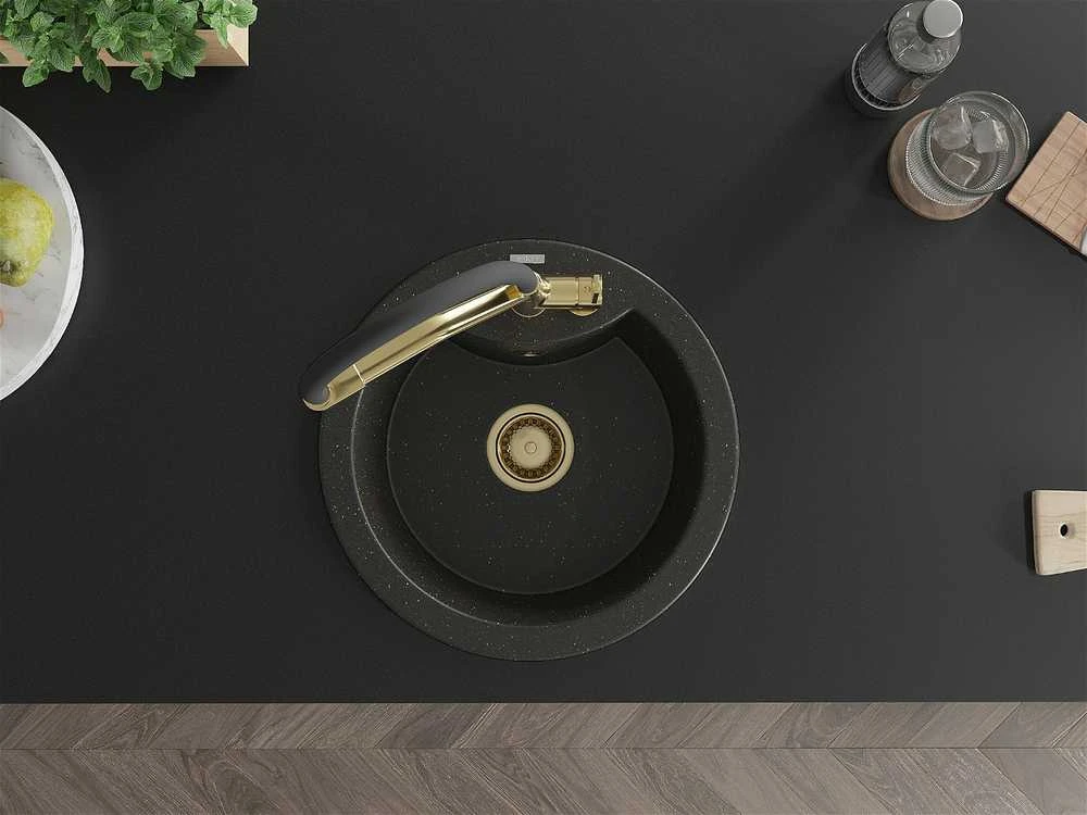 Granitinė virtuvinė plautuvė Mexen Diego su maišytuvu ir sifonu, Metallic juodas/auksinis+Juodas/Gold