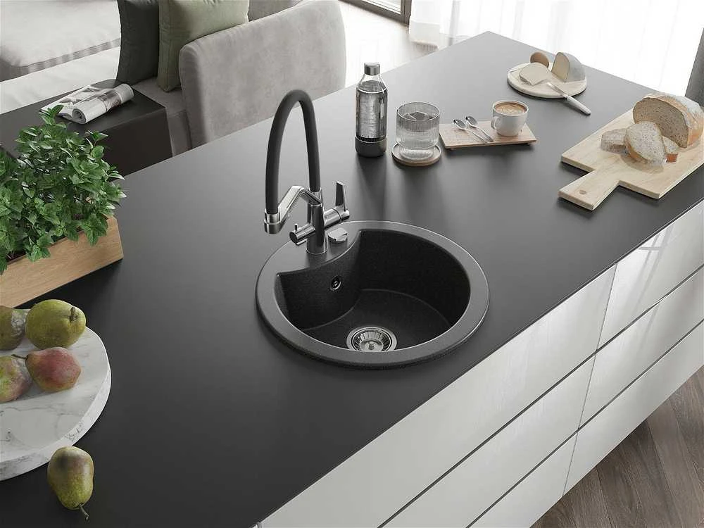 Granitinė virtuvinė plautuvė Mexen Diego su maišytuvu ir sifonu, Juodas granite+Juodas/Chrome