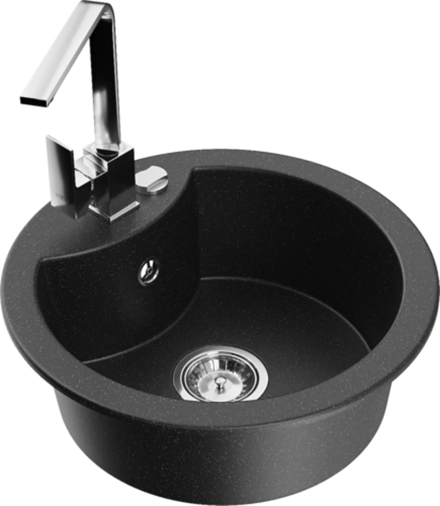 Granitinė virtuvinė plautuvė Mexen Diego su maišytuvu ir sifonu, Metallic juodas/sidabrinis+Chrome