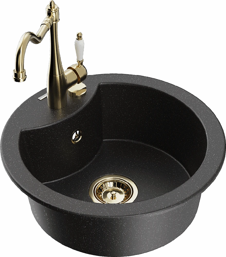 Granitinė virtuvinė plautuvė Mexen Diego su maišytuvu ir sifonu, Metallic juodas/sidabrinis+Gold