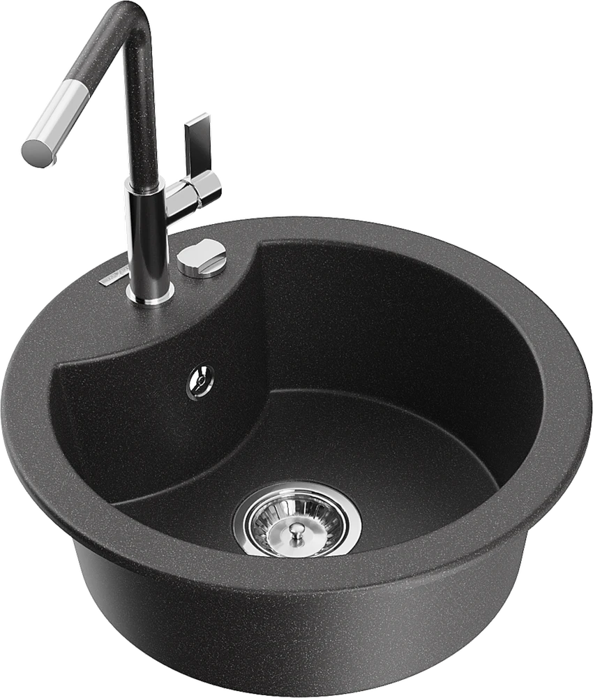 Granitinė virtuvinė plautuvė Mexen Diego su maišytuvu ir sifonu, Juodas granite+Juodas granite/Chrome