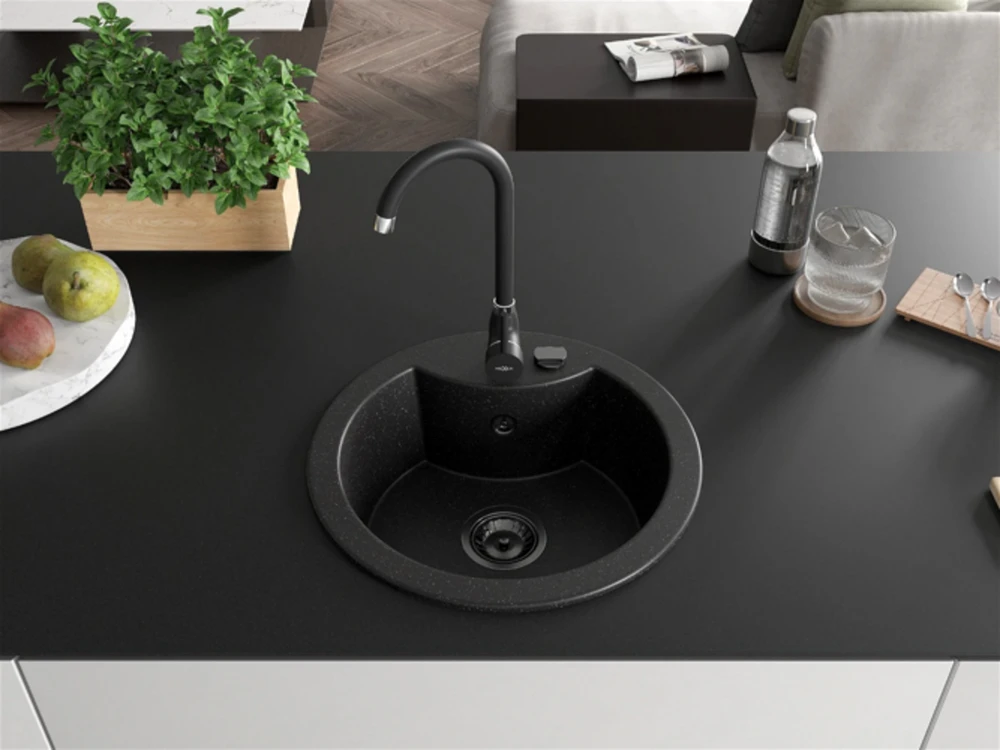 Granitinė virtuvinė plautuvė Mexen Diego su maišytuvu ir sifonu, Metallic juodas/sidabrinis+Juodas(B)