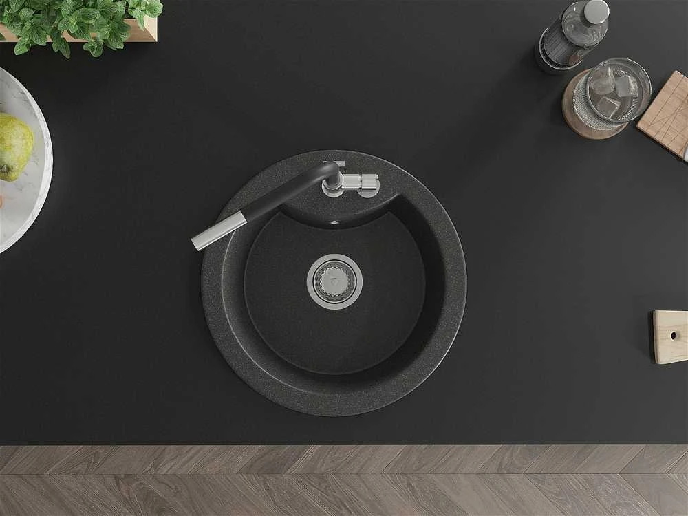 Granitinė virtuvinė plautuvė Mexen Diego su maišytuvu ir sifonu, Juodas granite+Juodas/Chrome
