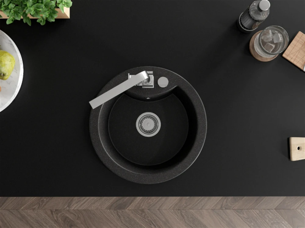 Granitinė virtuvinė plautuvė Mexen Diego su maišytuvu ir sifonu, Juodas granite+Chrome