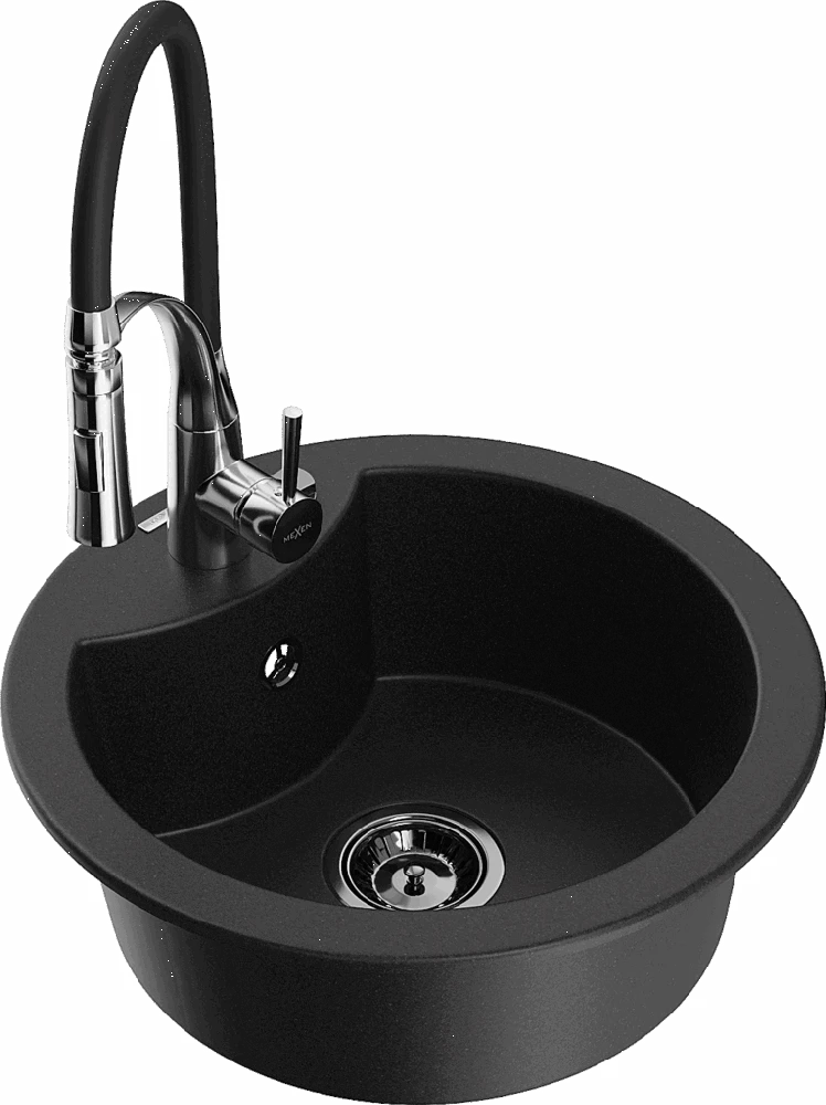 Granitinė virtuvinė plautuvė Mexen Diego su maišytuvu ir sifonu, Juodas+Juodas/Chrome