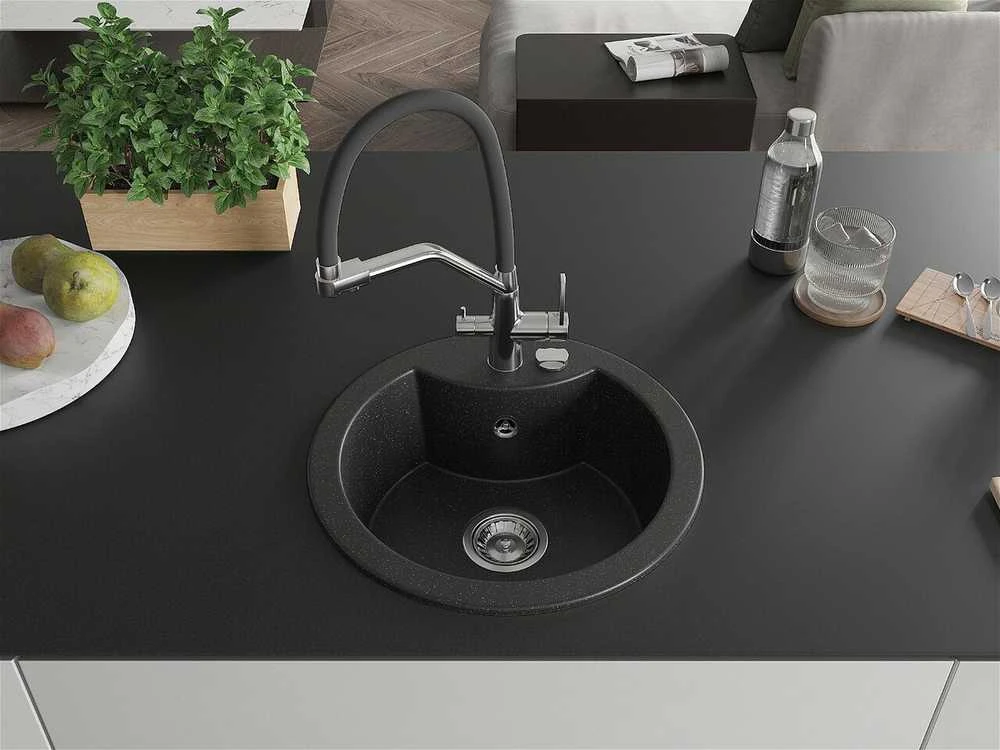 Granitinė virtuvinė plautuvė Mexen Diego su maišytuvu ir sifonu, Metallic juodas/sidabrinis+Juodas/Chrome