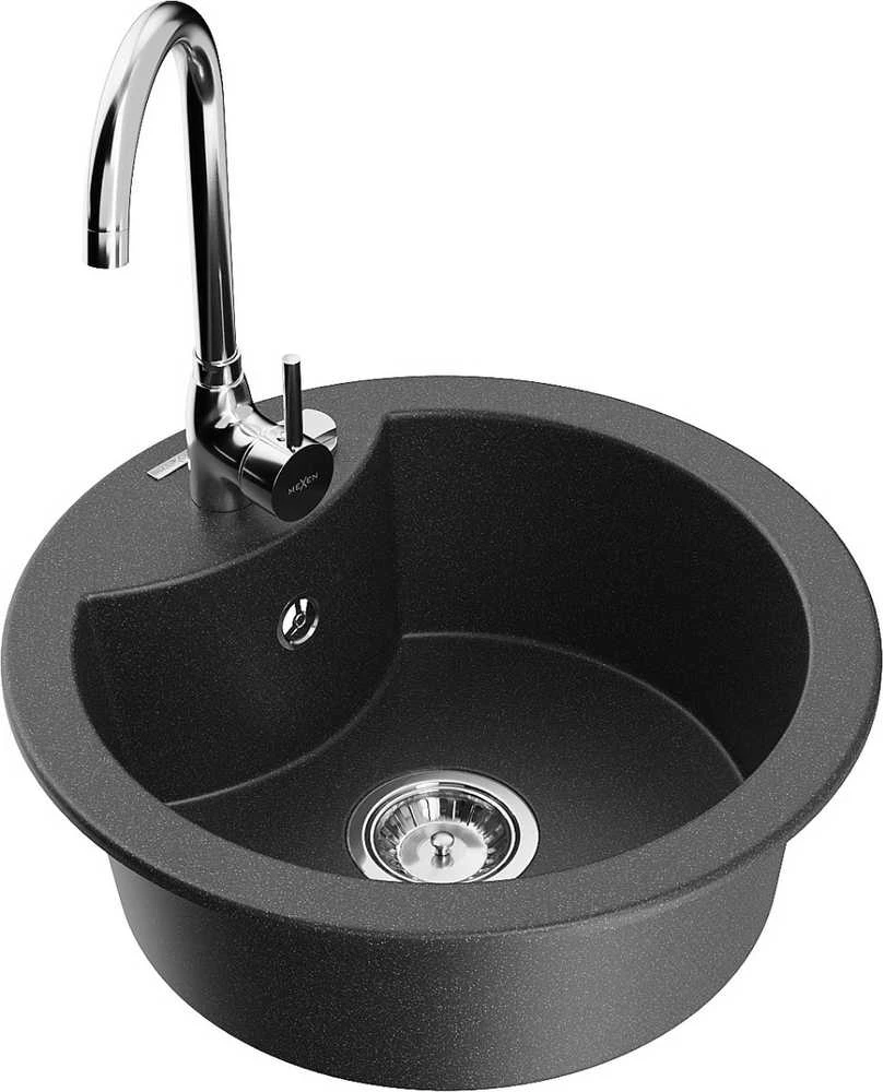 Granitinė virtuvinė plautuvė Mexen Diego su maišytuvu ir sifonu, Juodas granite+Chrome