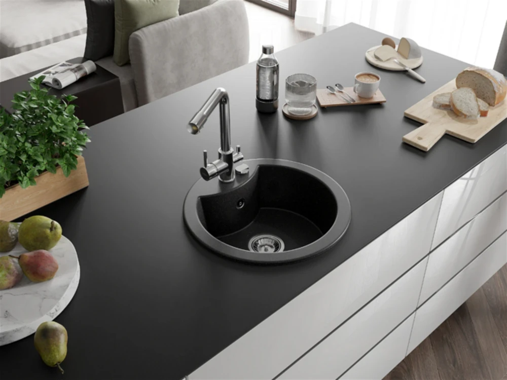 Granitinė virtuvinė plautuvė Mexen Diego su maišytuvu ir sifonu, Juodas granite+Chrome