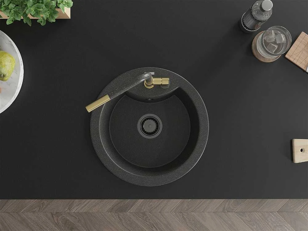 Granitinė virtuvinė plautuvė Mexen Diego su maišytuvu ir sifonu, Juodas granite+Juodas granite/Gold